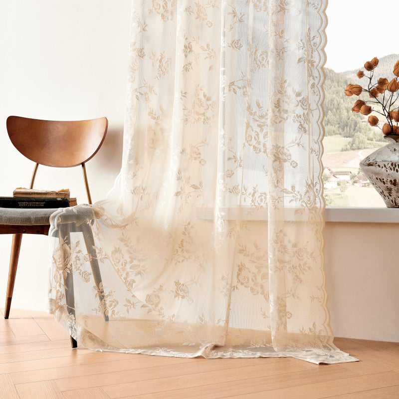 Seekright Beige Lace Sheer Curtains 63 Inch Length Country Floral Curtains For Living Room Bedroom Victorian Flower Curtains 2 Panels Set Rod Pocket Light Filtering Window Drapes Rustic Decor 52X63 - Image 5