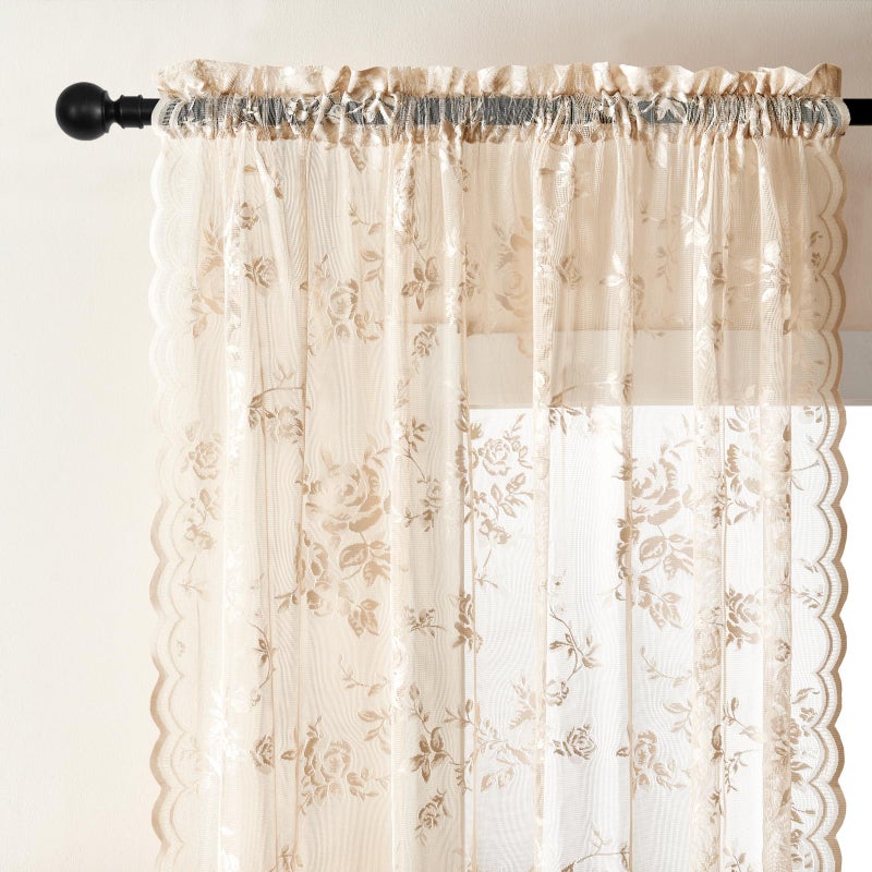 Seekright Beige Lace Sheer Curtains 63 Inch Length Country Floral Curtains For Living Room Bedroom Victorian Flower Curtains 2 Panels Set Rod Pocket Light Filtering Window Drapes Rustic Decor 52X63 - Image 4