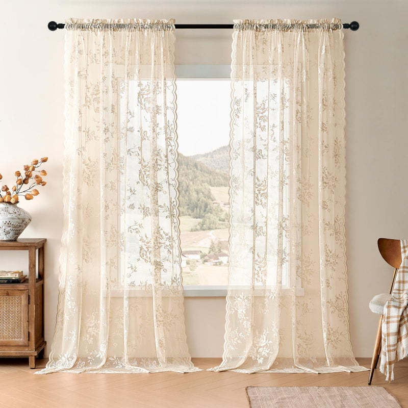 Seekright Beige Lace Sheer Curtains 63 Inch Length Country Floral Curtains For Living Room Bedroom Victorian Flower Curtains 2 Panels Set Rod Pocket Light Filtering Window Drapes Rustic Decor 52X63 - Image 2
