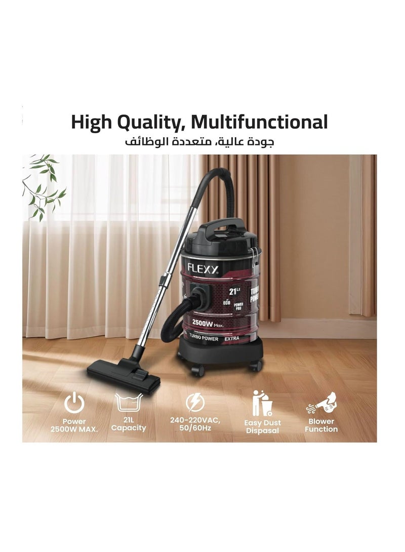FLEXY® 21L Canister Drum Vacuum Cleaner 2000W with Copper Motor, Turbo Power, Low Noise, 21L Capacity, Dust Indicator, Compact Design, Convenient Accessories - Image 5