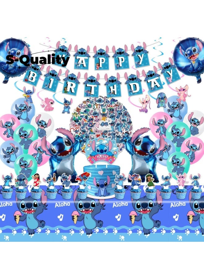 S-Quality Blue Stitch Theme Birthday Party Decoration Set for Kids – Banner, Cake Topper, Cupcake Toppers, Balloons & Stickers - Image 1
