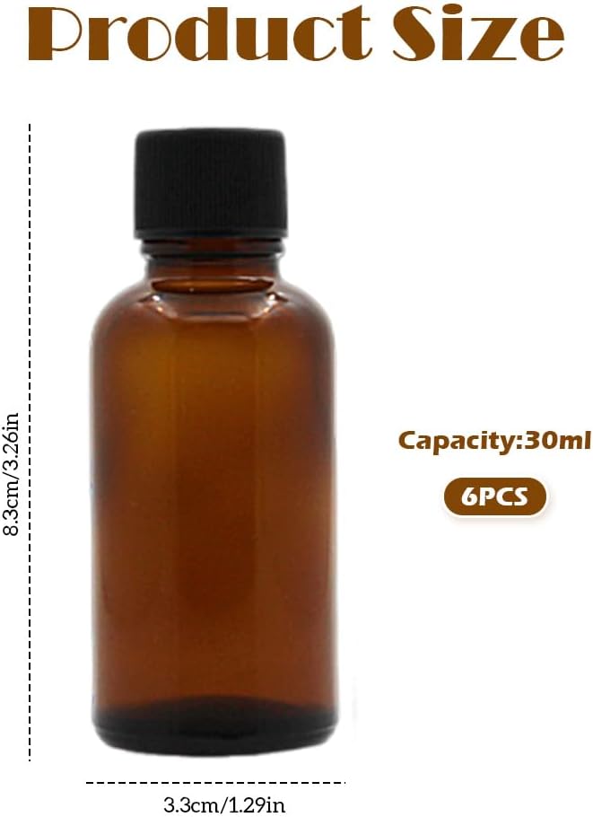 SYBL 6Pcs Amber Glass Essential Oil Bottles with Orifice Reducer and Black Cap Empty Cosmetic Perfume Aromatherapy Storage Container Vial Pots Portable Refillable size 30ml/1oz - Image 2