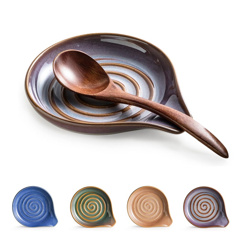 Cormomu Spoon Rest, Ceramic Spoon Holder with Deep Drip Tray for Stove Top Utensils Holder for Countertop, with Handle for Easy Hold, Purple - Image 1