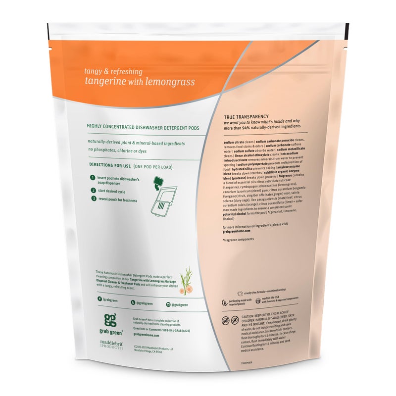 Grab Green Automatic Dishwashing Detergent Pods, 60 Count, Tangerine Lemongrass Scent, Plant and Mineral Based, Superior Cleaning, Powerful Grease Removal, Brilliant Shine - Image 2