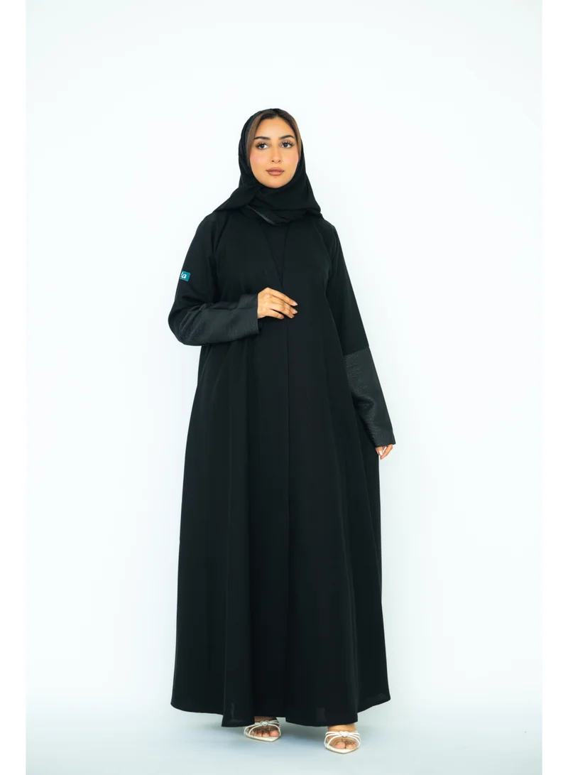 via abaya Linen with jacquard floral branch sleeves Abaya