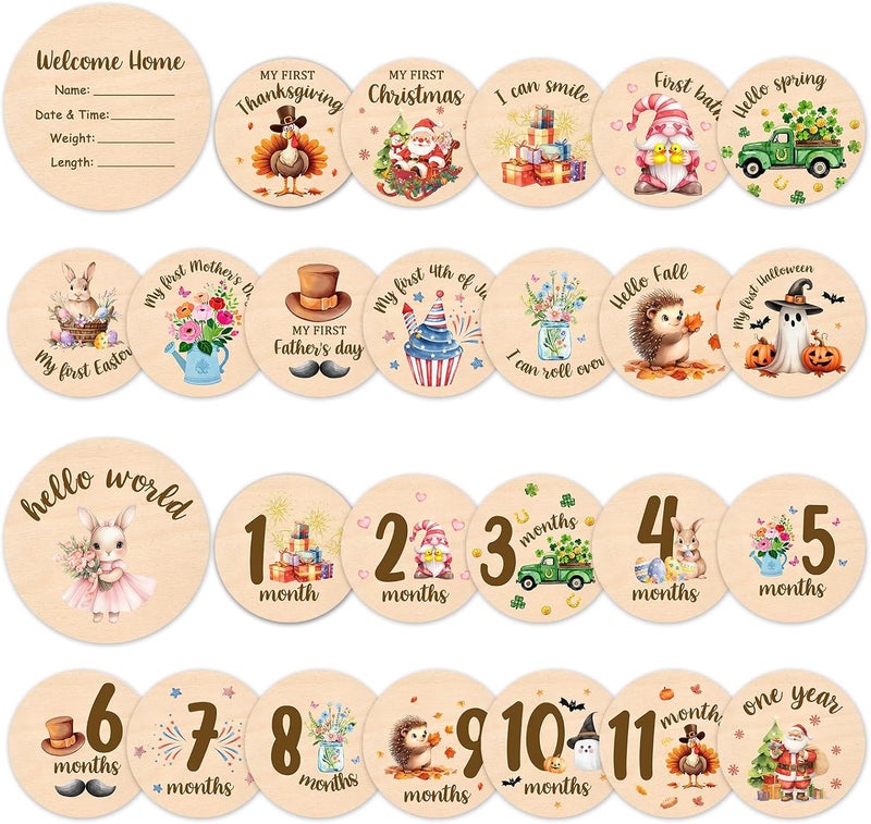 Al Raied ARS® 13pcs Baby Monthly Milestone Wooden Circles - Festival Design with Age Markers - Image 1