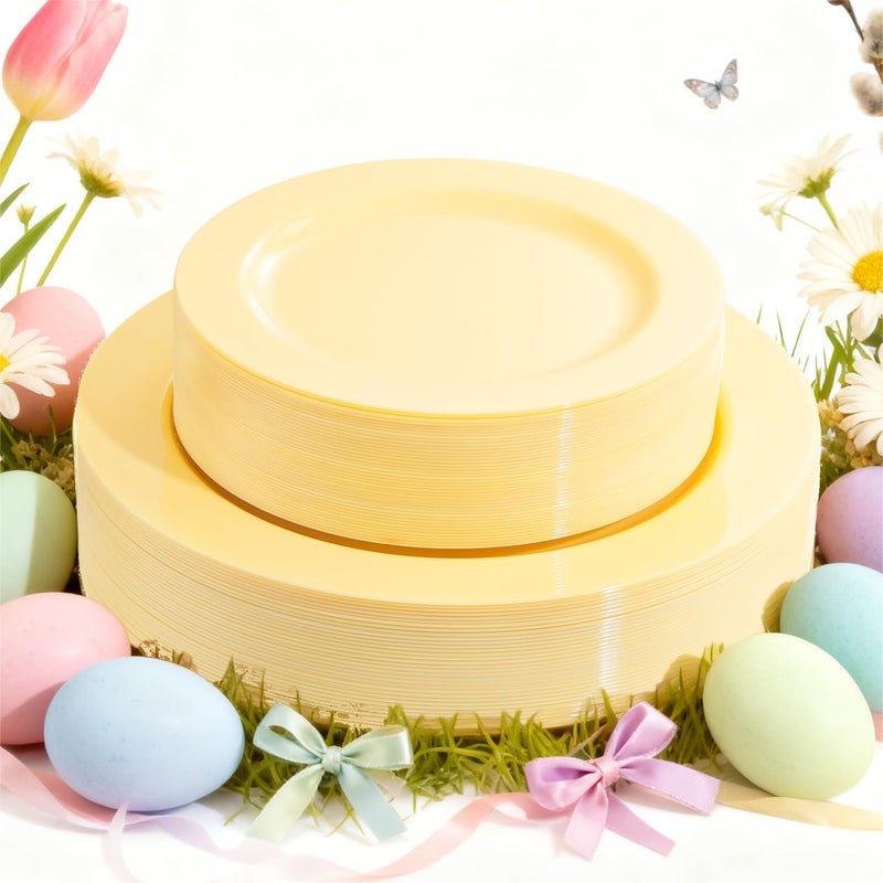 FLOWERCAT 60PCS Yellow Plates - Heavy Duty Yellow Plastic Plates Disposable 10.25inch & 7.5inch for Easter Party/Wedding/Spring - Serve for 30 guests - Image 1