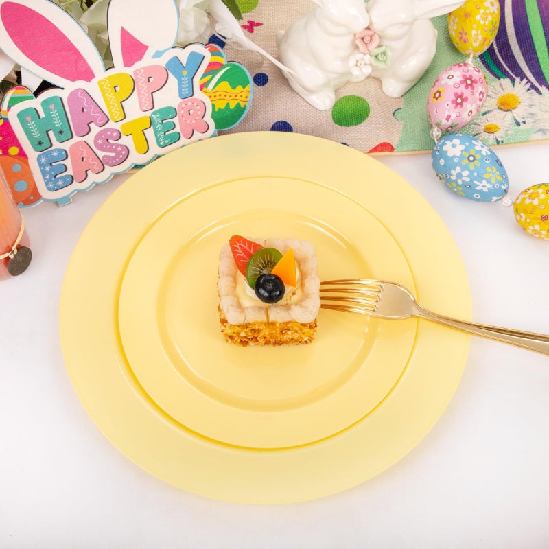 FLOWERCAT 60PCS Yellow Plates - Heavy Duty Yellow Plastic Plates Disposable 10.25inch & 7.5inch for Easter Party/Wedding/Spring - Serve for 30 guests - Image 4