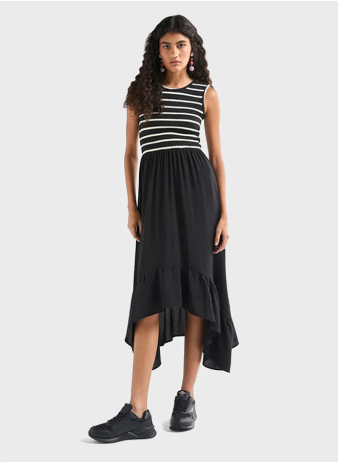 FAV Asymmetric Striped Crew Neck Dress