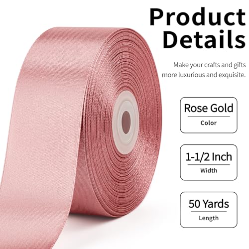 Mauproy 1-1/2 Inch Wide Rose Gold Satin Ribbon, 50 Yards Solid Polyester Fabric Ribbon for Roses Making, Mother's Day, Gift Wrapping, Flower Bouquets, Wedding Decorations, Handmade Crafts - Image 2