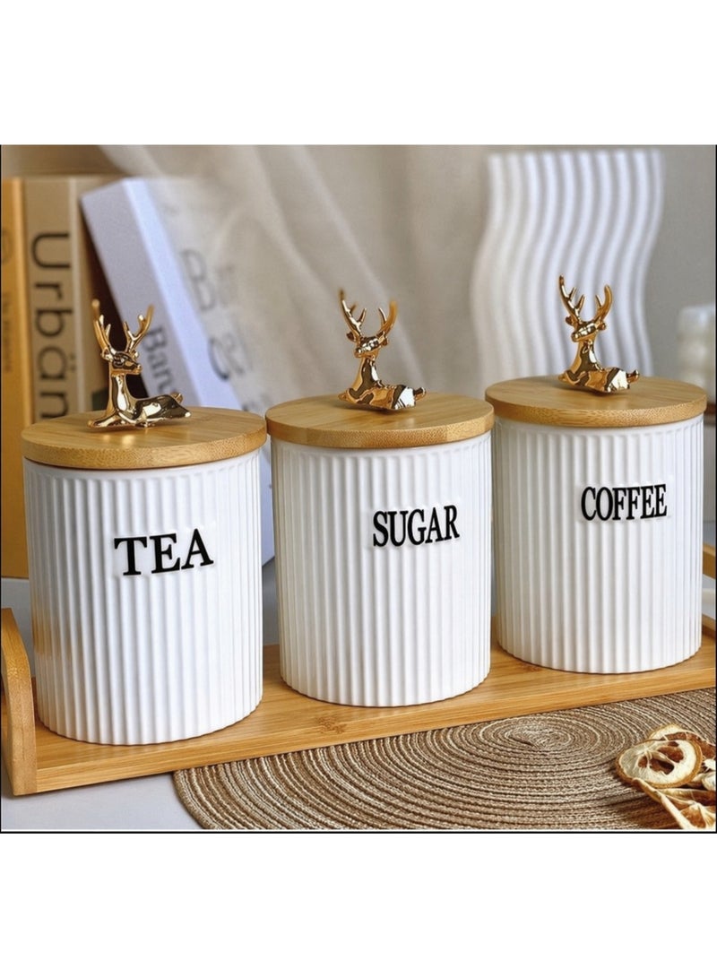Kitchen storage box set with wooden lid and gold deer handle - 3 pieces for organizing tea, sugar, and coffee - Stylish and practical kitchen design - Image 1