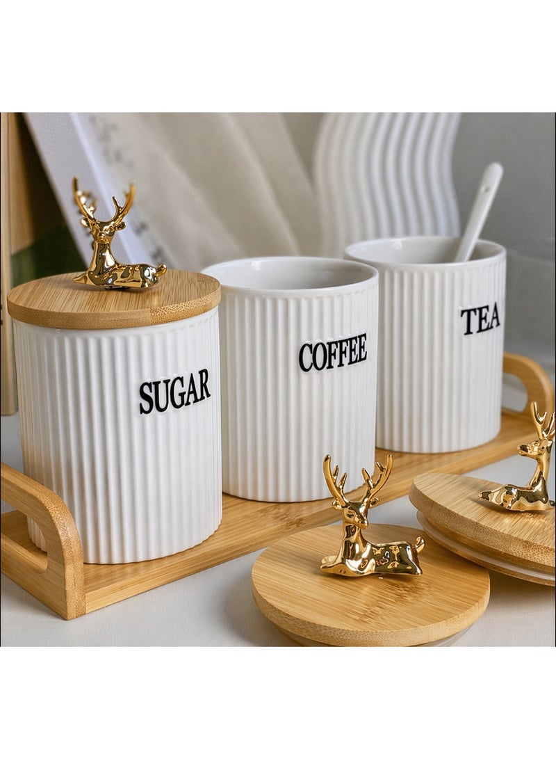 Kitchen storage box set with wooden lid and gold deer handle - 3 pieces for organizing tea, sugar, and coffee - Stylish and practical kitchen design - Image 2