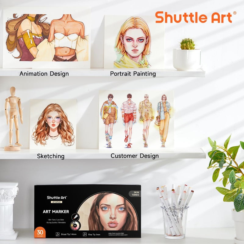 Shuttle Art 30 Colors Skin Tone&Hair Art Markers, Dual Tip Alcohol Based Flesh Color Marker Pen Set Contains 1 Blender Perfect for Kids & Adults Portrait,Comic, Anime, Manga, Illustration - Image 5