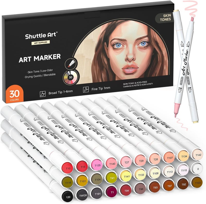 Shuttle Art 30 Colors Skin Tone&Hair Art Markers, Dual Tip Alcohol Based Flesh Color Marker Pen Set Contains 1 Blender Perfect for Kids & Adults Portrait,Comic, Anime, Manga, Illustration - Image 1