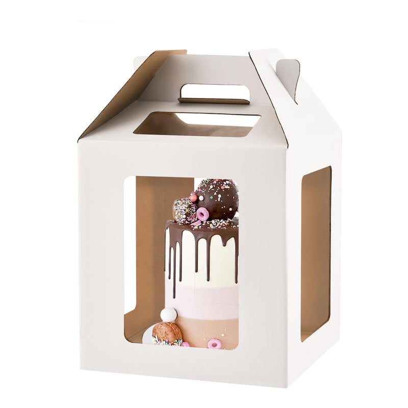 WINHPH Cake Box with Windows and Handle, 10x10x10 inches, Tall Cake Carrier for Tiered Cakes, White - Image 1