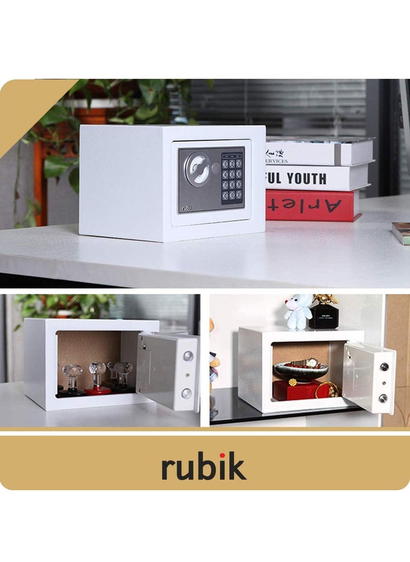 Rubik - Mini Electronic Digital Security Safe Deposit Box With Electronic Keypad Lock and Physical Key For Home Office Hotel Jewelry Passport Watches Cash Storage (White) - Image 1