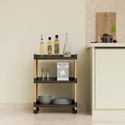 Biltoxi Plastic Multipurpose Storage Racks | 3 Shelfs Storage Organizer Racks for Home, Kitchen, Bathroom | Kitchen Trolley Rack with Wheels (Brown and Ivory) - Image 4