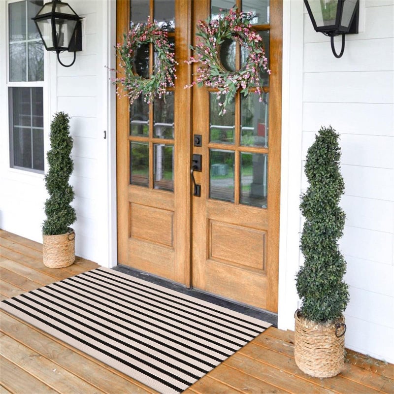 LEEVAN Washable Proch Rug Soft Entryway Rug 2.3'X3.6', Cotton Woven Bathroom Rugs Front Porch Decor Black and White Area Rug Outdoor Rug - Image 1