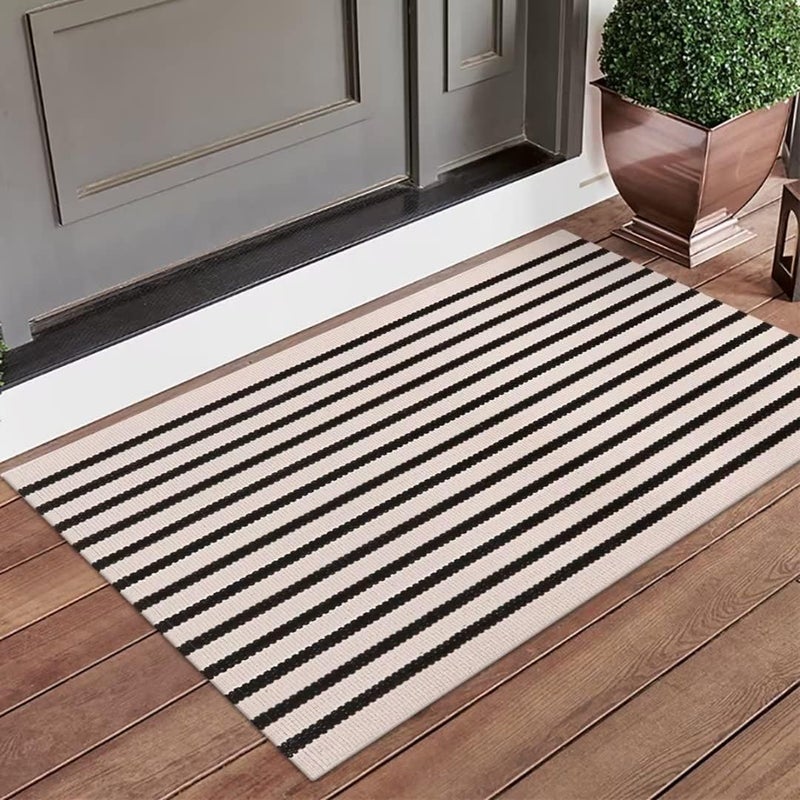 LEEVAN Washable Proch Rug Soft Entryway Rug 2.3'X3.6', Cotton Woven Bathroom Rugs Front Porch Decor Black and White Area Rug Outdoor Rug - Image 2