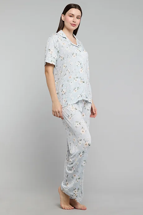 أر أند بي Printed Lapel Collar Pyjama Set