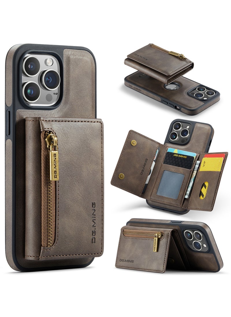 DGMING - CaseMe Wallet Case for iPhone 14 Pro MAX DGMING Premium Leather Phone Case Back Cover Magnetic Detachable with Trifold Wallet Card Holder Pocket - Coffee - Image 1