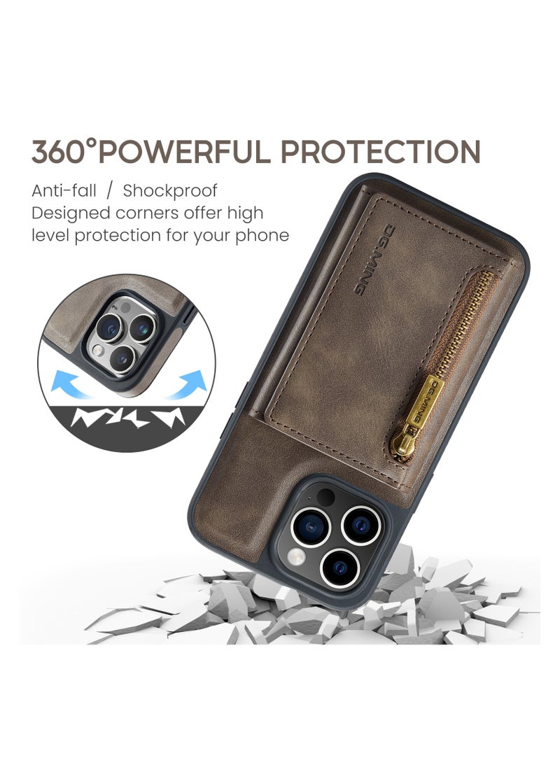 DGMING - CaseMe Wallet Case for iPhone 14 Pro MAX DGMING Premium Leather Phone Case Back Cover Magnetic Detachable with Trifold Wallet Card Holder Pocket - Coffee - Image 1