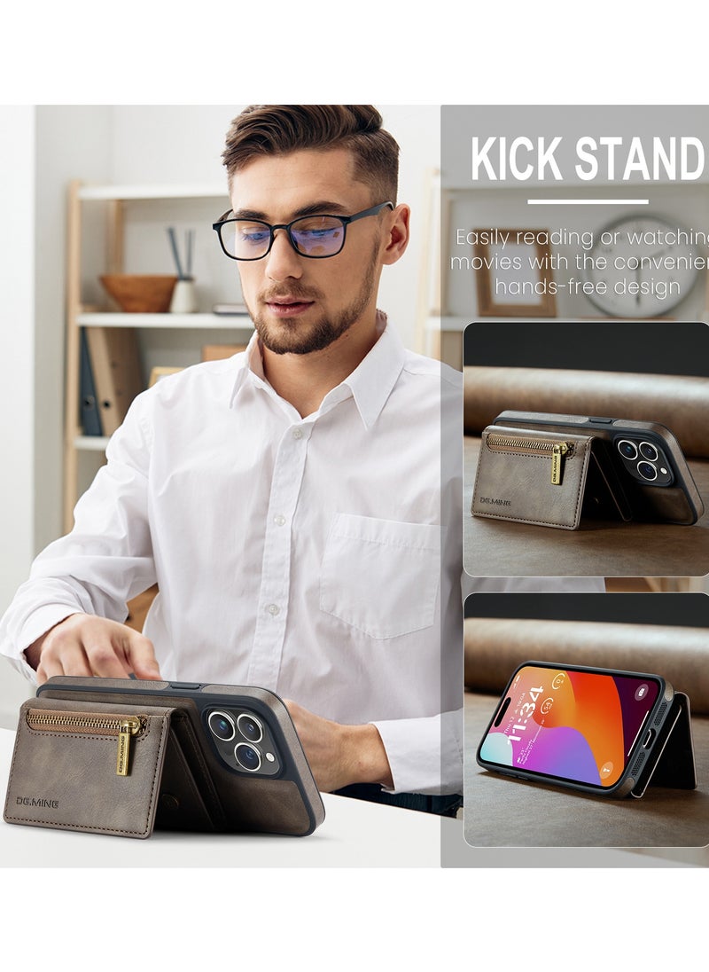 DGMING - CaseMe Wallet Case for iPhone 14 Pro MAX DGMING Premium Leather Phone Case Back Cover Magnetic Detachable with Trifold Wallet Card Holder Pocket - Coffee - Image 1