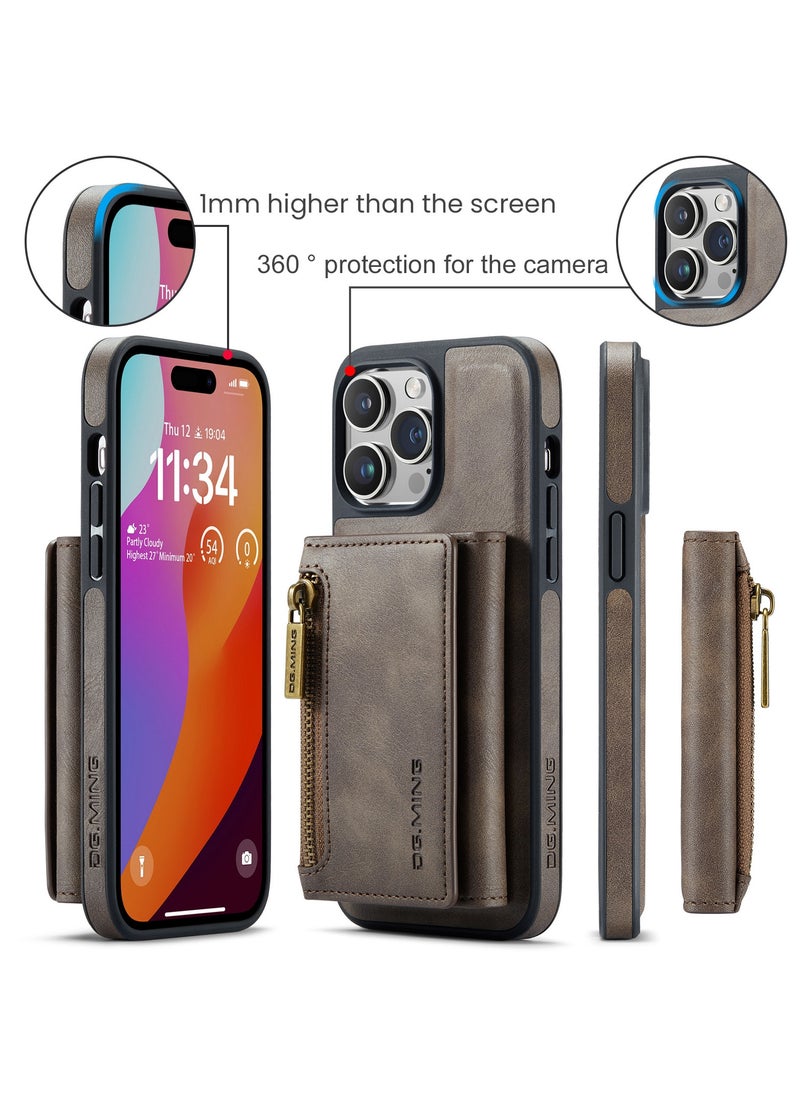 DGMING - CaseMe Wallet Case for iPhone 14 Pro MAX DGMING Premium Leather Phone Case Back Cover Magnetic Detachable with Trifold Wallet Card Holder Pocket - Coffee - Image 1