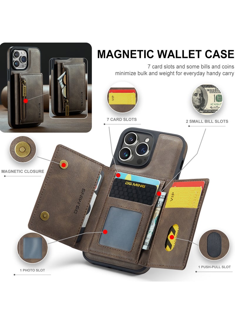 DGMING - CaseMe Wallet Case for iPhone 14 Pro MAX DGMING Premium Leather Phone Case Back Cover Magnetic Detachable with Trifold Wallet Card Holder Pocket - Coffee - Image 1