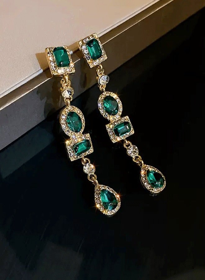 أقراط أذن طويلة عبثية للنساء، أقراط أذن زيركون أخضر مطلحة بالذهب للعرايس، ألماس فاشني سميك للمناسبات - Image 2