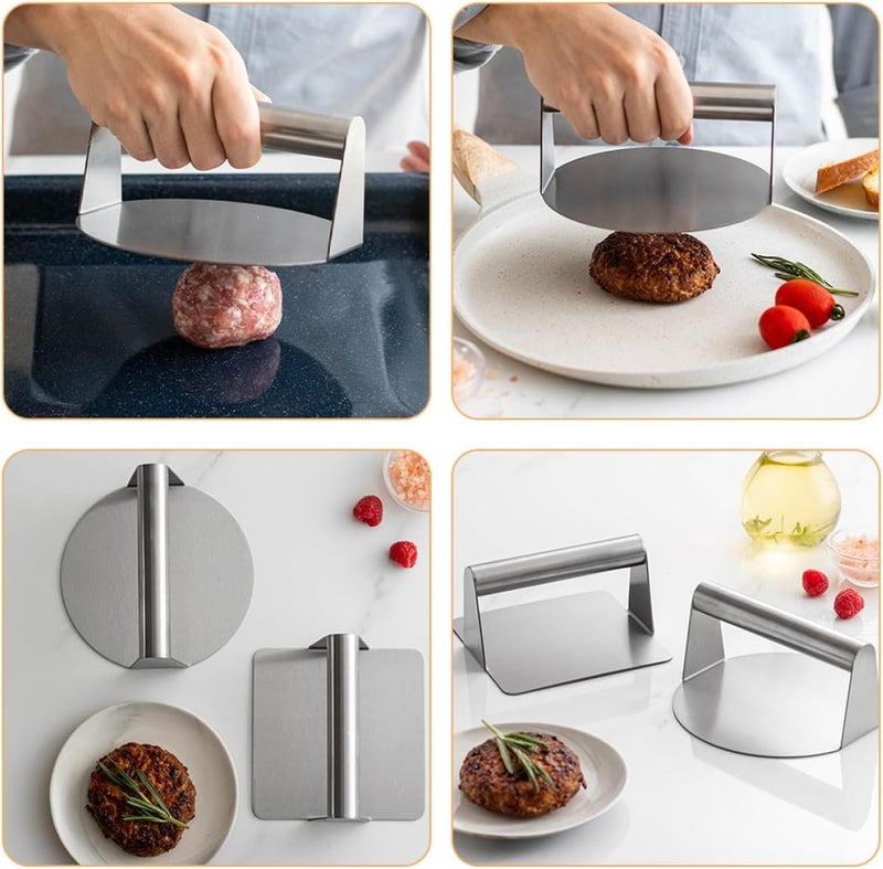 Homoyoyo 2pcs Stainless Steel Burger Press Set with Square Round Molds, Home Meat Patty Maker Tool for Grilling and BBQ Cooking, Sturdy Metal Patty Smasher for Burgers and Bacon - Image 5