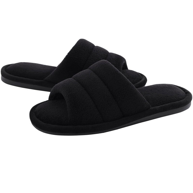 shevalues Terry Cloth Open Toe Slippers for Women Memory Foam Slip On House Slippers, Black 250, 6-7 Women/4.5-5.5 Men - Image 1