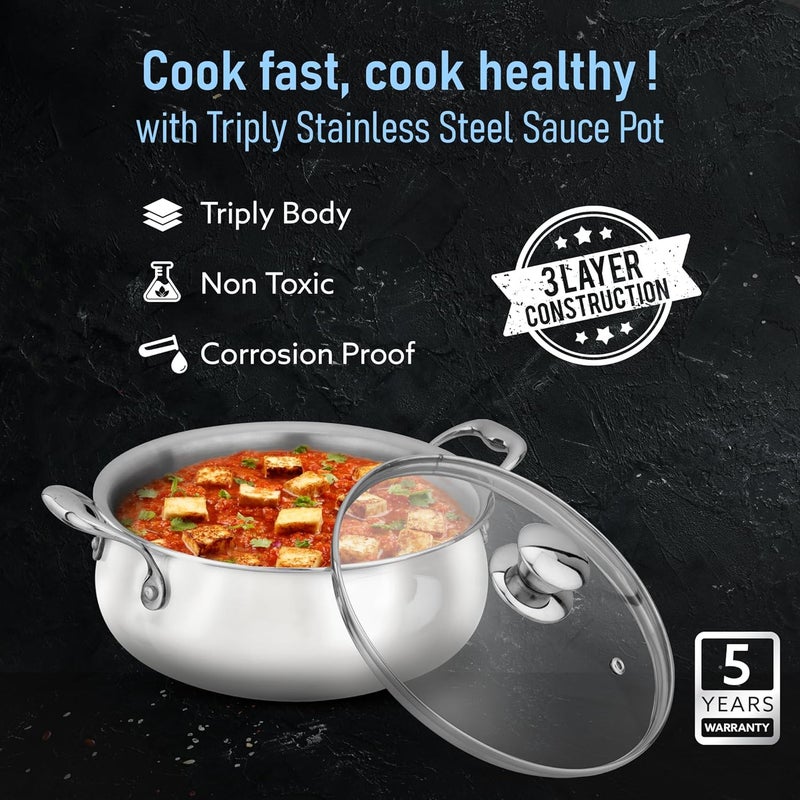 AGARO Regency Triply Stainless Steel Saucepot 3.5 Liter with Glass Lid, 2.5 mm Thick Body, Induction & Gas Compatible, Rivetted Handle - Image 2