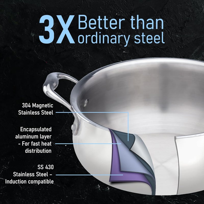 AGARO Regency Triply Stainless Steel Saucepot 3.5 Liter with Glass Lid, 2.5 mm Thick Body, Induction & Gas Compatible, Rivetted Handle - Image 3