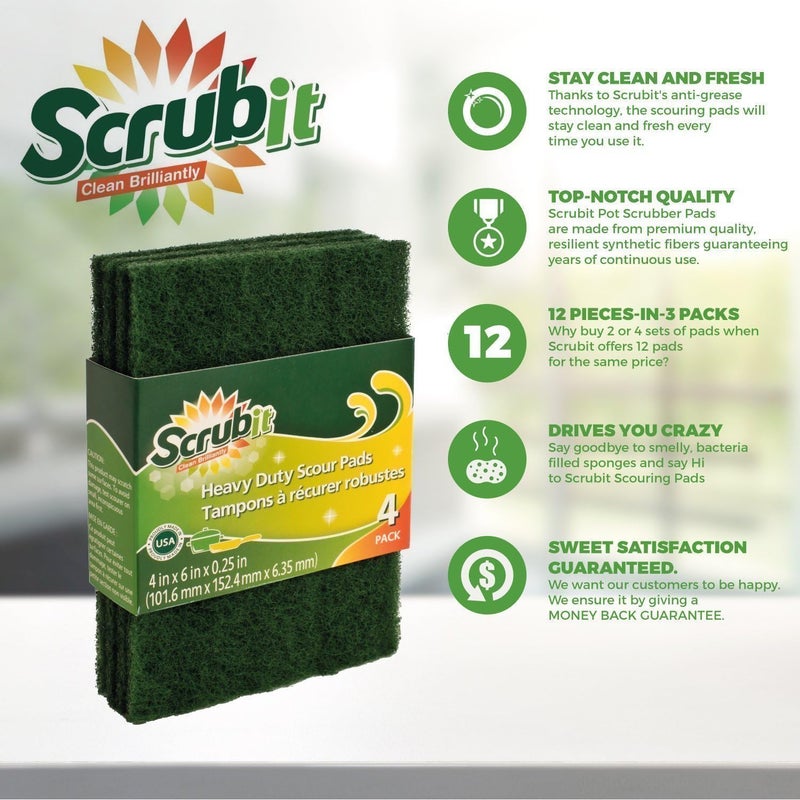 SCRUBIT Scouring Pads - Heavy Duty Household Cleaning Scrubber with Non-Scratch Anti-Grease Technology - Reusable – Green - 4 Pack (X3) Total 12 Pads (12) - Image 3