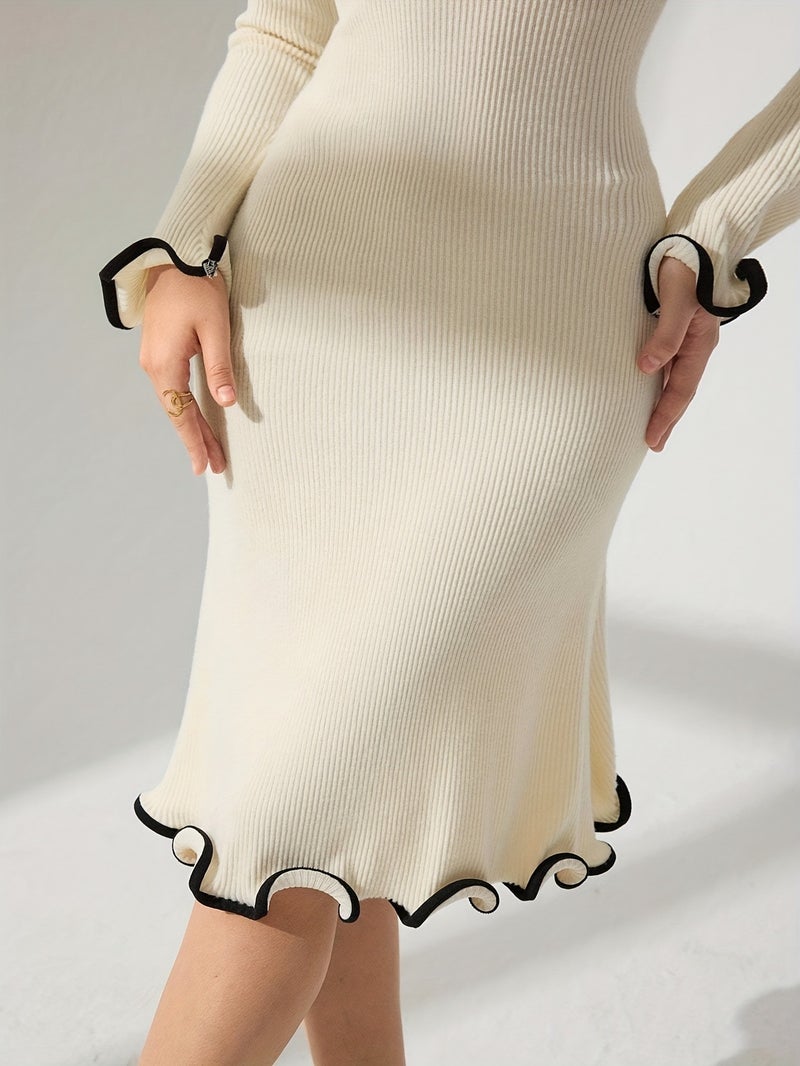 Women's Autumn\u002FWinter Solid Color Round Neck Ruffle Ribbed Long Sleeve Slim Fit Dress - Image 4
