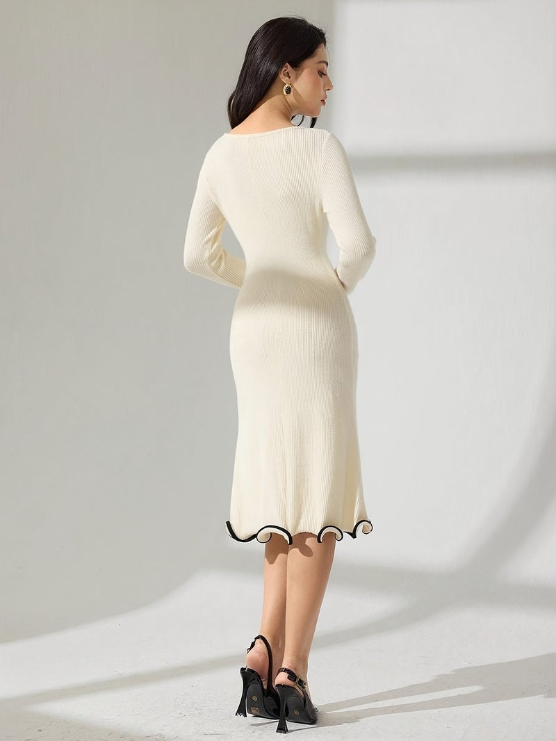 Women's Autumn\u002FWinter Solid Color Round Neck Ruffle Ribbed Long Sleeve Slim Fit Dress - Image 5