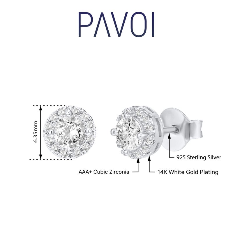 PAVOI 14K Gold Plated 925 Sterling Silver Post Round Halo Cubic Zirconia Stud Earrings in White Gold - Image 2