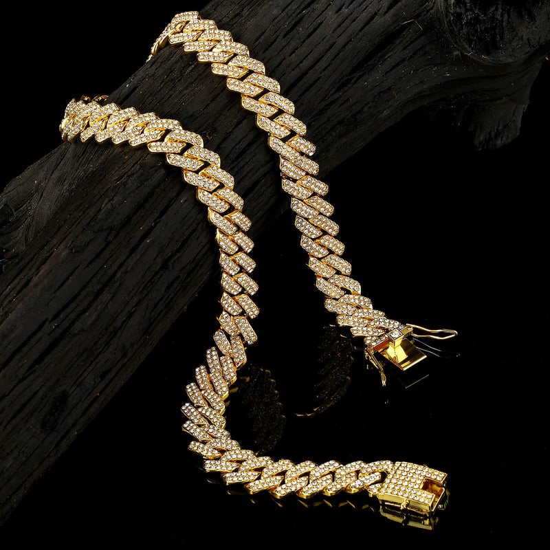 JUNVirtuous 2 Pieces Cuban Link Chain Mens Iced Out Miami Cuban Necklace and Bracelet Silver Bling Diamond Hip Hop Jewelry for Men and Women (Gold, 8" Bracelet and 16" Necklace) - Image 4