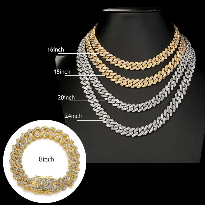 JUNVirtuous 2 Pieces Cuban Link Chain Mens Iced Out Miami Cuban Necklace and Bracelet Silver Bling Diamond Hip Hop Jewelry for Men and Women (Gold, 8" Bracelet and 16" Necklace) - Image 2