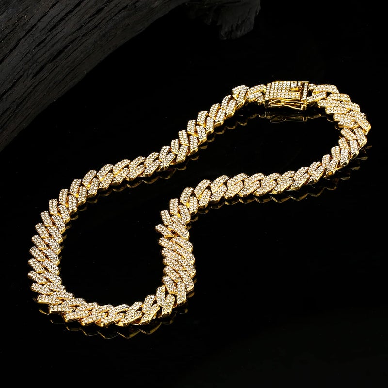 JUNVirtuous 2 Pieces Cuban Link Chain Mens Iced Out Miami Cuban Necklace and Bracelet Silver Bling Diamond Hip Hop Jewelry for Men and Women (Gold, 8" Bracelet and 16" Necklace) - Image 5