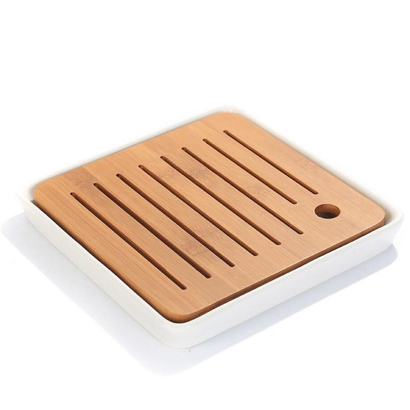 Hoobar Bamboo Kung Fu Tea Tray Table Serving Tray Chinese Style Water Storage White