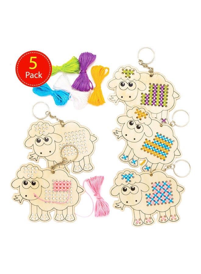 NIBEMINENT 5-Piece Cartoon Wooden Sheep Cross Stitch Keychain Multicolour 11x9x0.2cm - Image 1