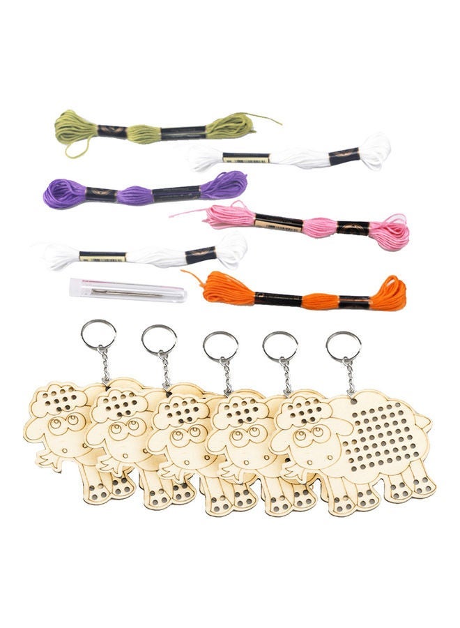 NIBEMINENT 5-Piece Cartoon Wooden Sheep Cross Stitch Keychain Multicolour 11x9x0.2cm - Image 2