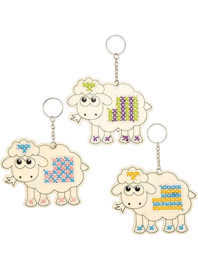 NIBEMINENT 5-Piece Cartoon Wooden Sheep Cross Stitch Keychain Multicolour 11x9x0.2cm - Image 4