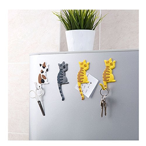 Comidox Cute Multifunction Cat Magnetic Refrigerator Sticker Fridge Magnet Hanging Hook 2 in 1 Gray cat/Black white cat/Yellow striped cat/Gray Yellow striped cat 4pcs - Image 2