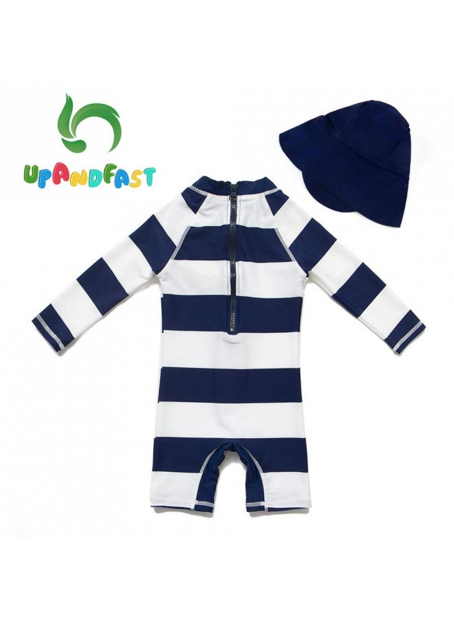 upandfast Kids One Piece Zip Sunsuit With Sun Hat UPF 50+ Sun Protection Baby Beach Swimsuit (Stripe(LS), 12-18 Months) - Image 1