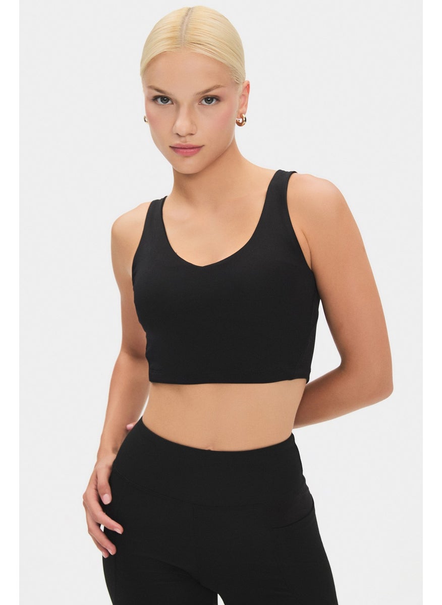 JOYSTAR Women's Black V Neck Lightly Supported Covered Thick Strap Sports Bra  - Image 1