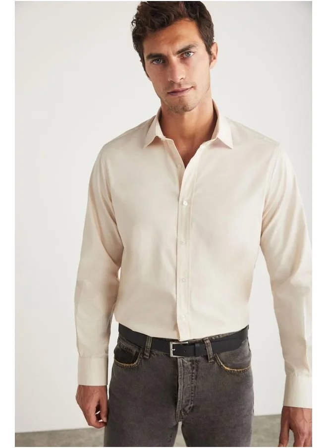 GRIMELANGE Carlsten Men's Slim Fit Italian Collar 100% Cotton Poplin Light Beige Shirt