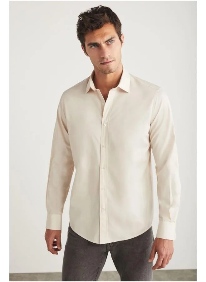 GRIMELANGE Carlsten Men's Slim Fit Italian Collar 100% Cotton Poplin Light Beige Shirt